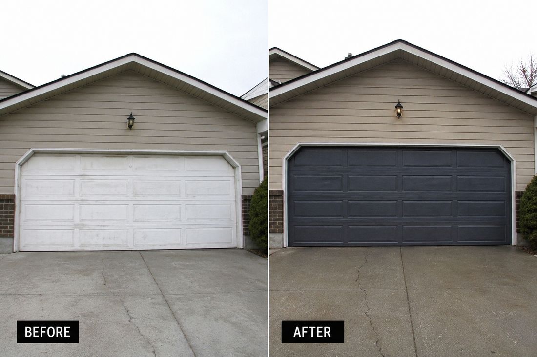 Before and after: a chalky white garage door repainted deep charcoal
