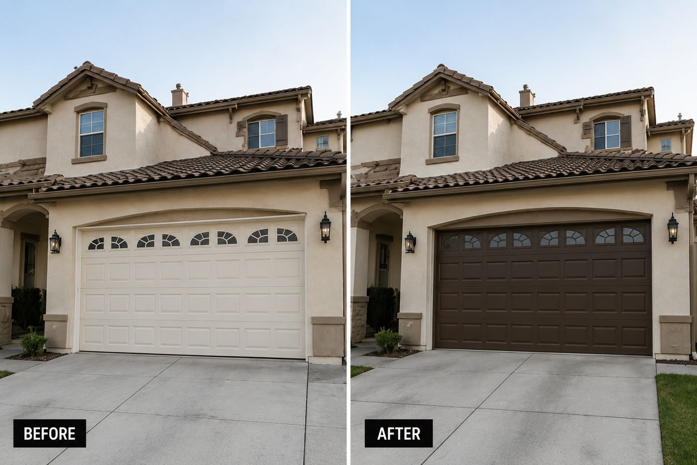 Before and after: a faded cream garage door repainted a rich espresso brown